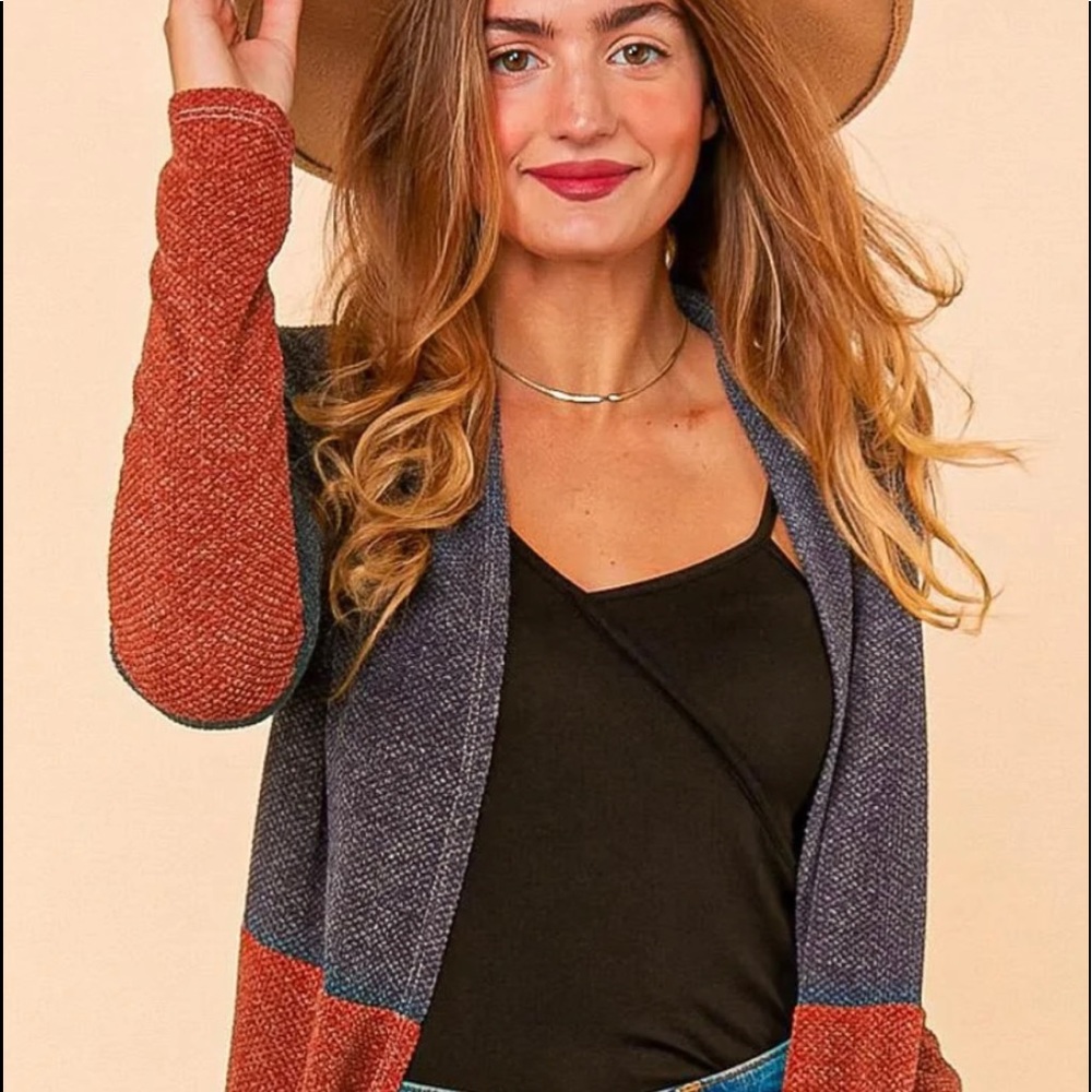 Charcoal rust and ivory two tone sweater midi open cardigan